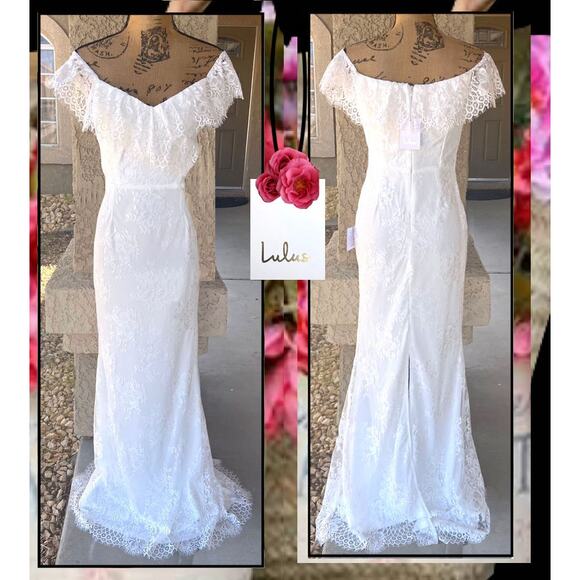 Lulus Cherished Forever White Off-the-Shoulder Lace Maxi Dress Size L - Picture 6 of 13